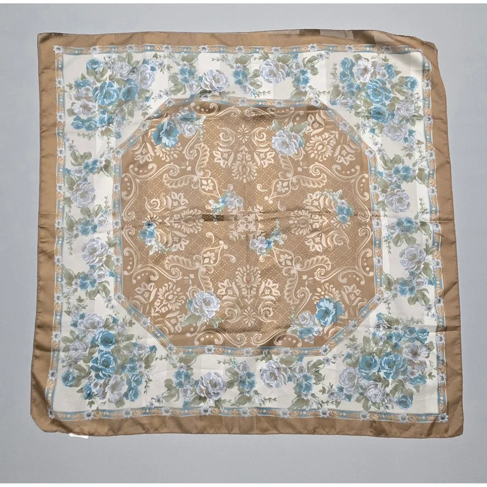 Berkshire Floral Scarf Blue Brown Roses Damask Earth Tones Italy Polyester 30x31